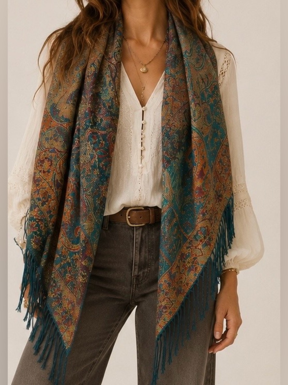 Oversized Paisley Fringe Tapestry Scarf Shawl Fairycore Teal Copper